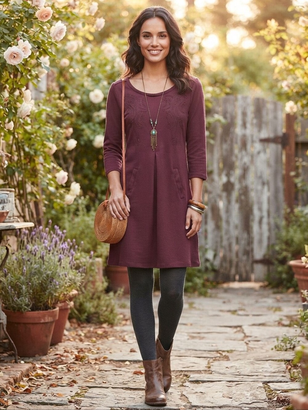 Anthropologie Caite Embroidered Tunic Top / Mini Dress Womens S Wine 3/4 Sleeves